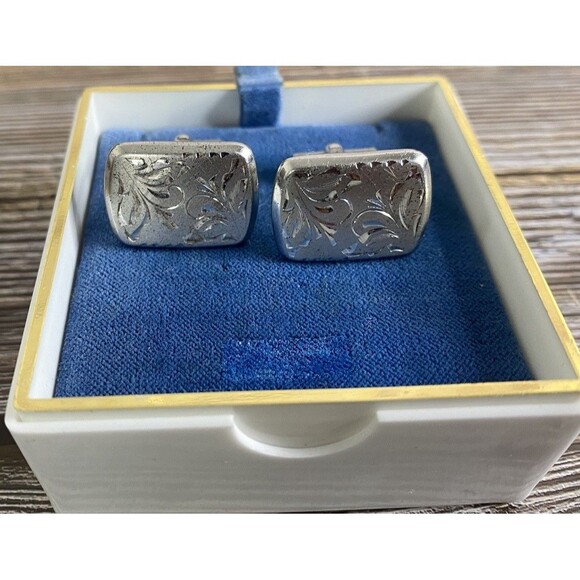 VTG 20+ GRAMS Signed Sterling Silver Etched Leaf  Swirl 1950’s Men’s Cufflinks - Picture 1 of 9